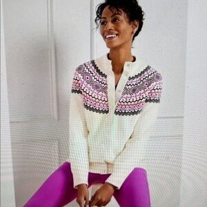 T Talbots Fair Isle Mock Neck Cream Snap Front Cardigan Sweater Size 3X